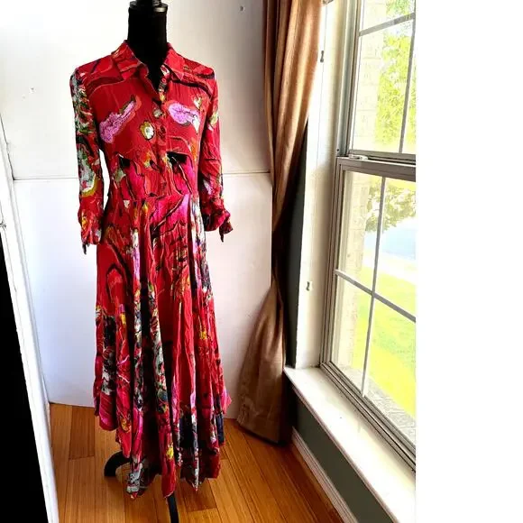 SOFT SURROUNDINGS Red Watercolor Art To Wear Provencia Dress Hankerchief Sz S - Picture 3 of 14